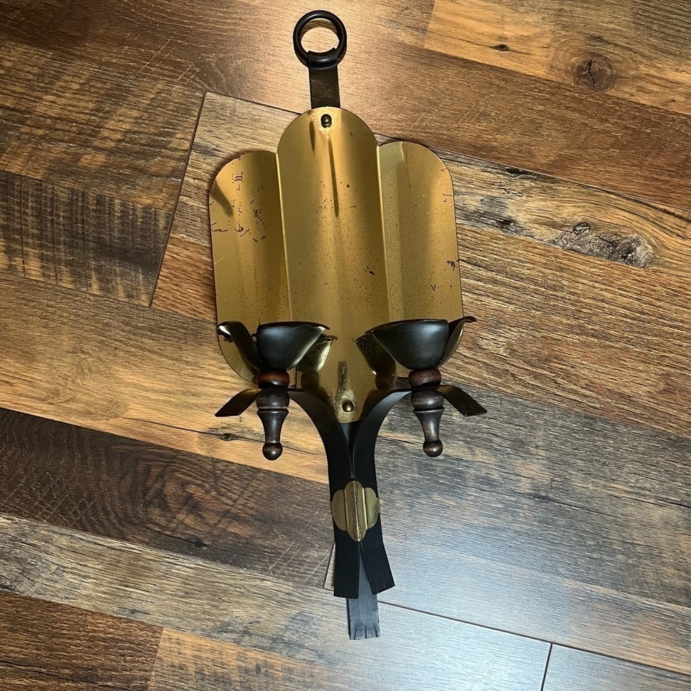 Vintage Brass, wood & Wrought Iron Wall Sconces 2 Taper Candle holders
